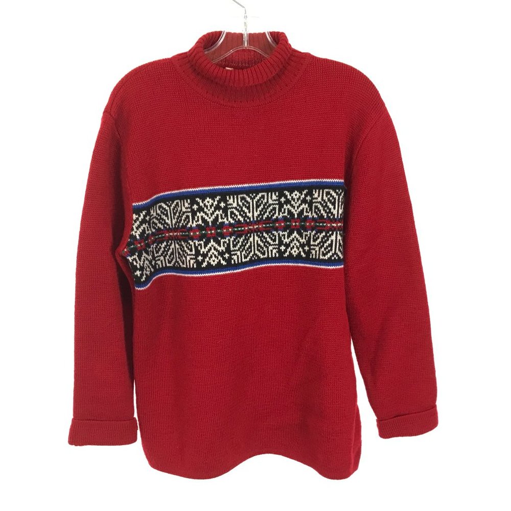 Mens Size Medium Timberland Red Vintge Pure Wool Fair Isle Turtleneck Sweater